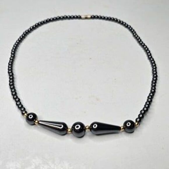 Hematite Round Bead and Gold Tone Spacer Beaded Necklace 18"L - Picture 1 of 3